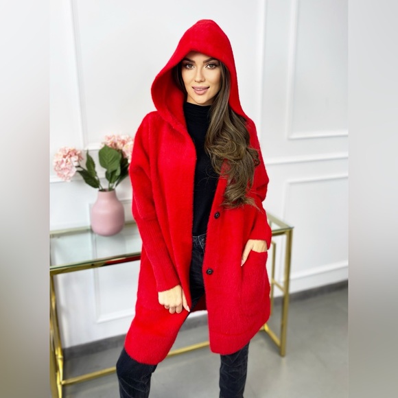 Custom made in Poland Jackets & Blazers - NWOT RED ALPACA MOHAIR WOOL COAT WITH POCKETS and HOODIE RED ONE SIZE FITS ALL